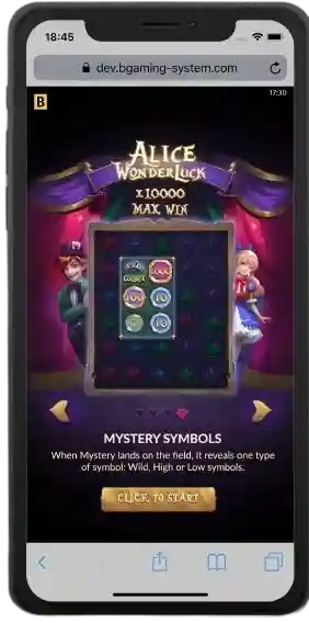 Mobile slot screen with fantasy theme, mystery symbols feature, and up to x10000 max win