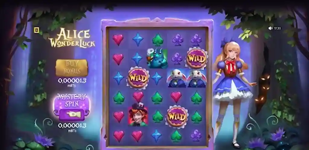 Game screen showing a fantasy girl, animated symbols, active bonus mode and glowing mushroom forest